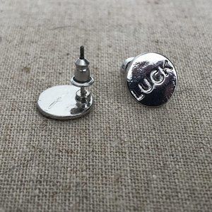 ZARA Silver Stamped LUCK round dish 1/2" Minimalist post Stud Earrings BOHO